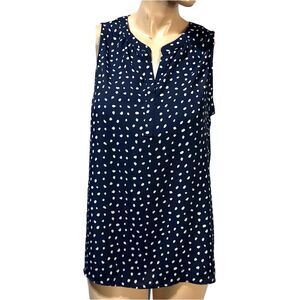 41 Hawthorn Navy White Spotted Sleeveless Blouse size L Large Split Neck Top